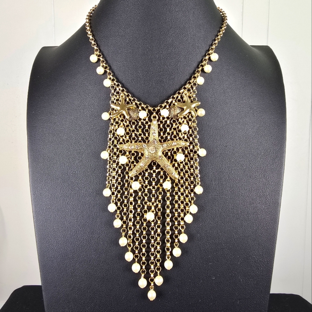 Stunning Gold-tone Necklace with Jeweled Starfish Centerpiece and Beaded Fringe